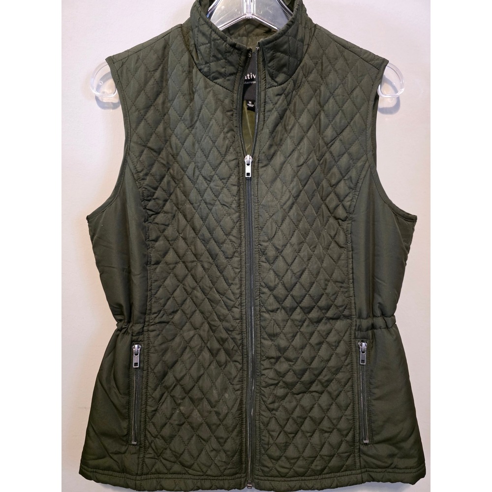 Relativity Womens Quilted Vest Olive Green Full Zip Cinch Waist Size‎ M